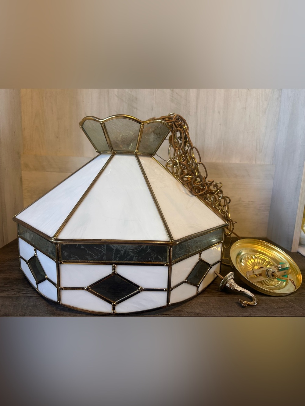 Vintage slag glass and brass hanging light